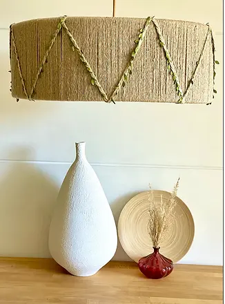 [l00014mj40] Jute striped lampshade with green leafs (40 X 20 CM).webp