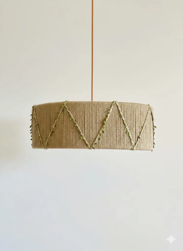 [l00014mj40] Jute striped lampshade with green leafs (40 X 20 CM)